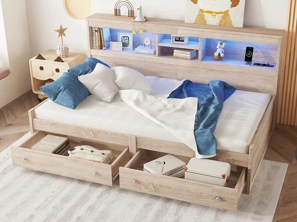 Łóżko banquette 90x200cm - z gniazdem USB i 2 szufladami - stelaż na listwach - Naturalny