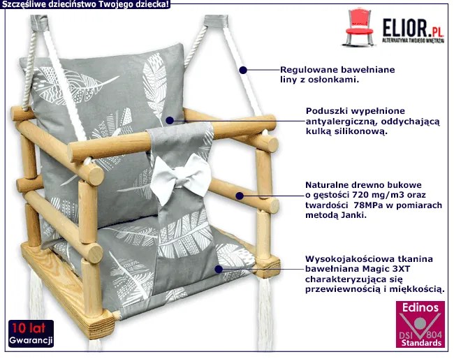 Szara huśtawka kubełkowa dla dzieci 3w1 w piórka G3-R86