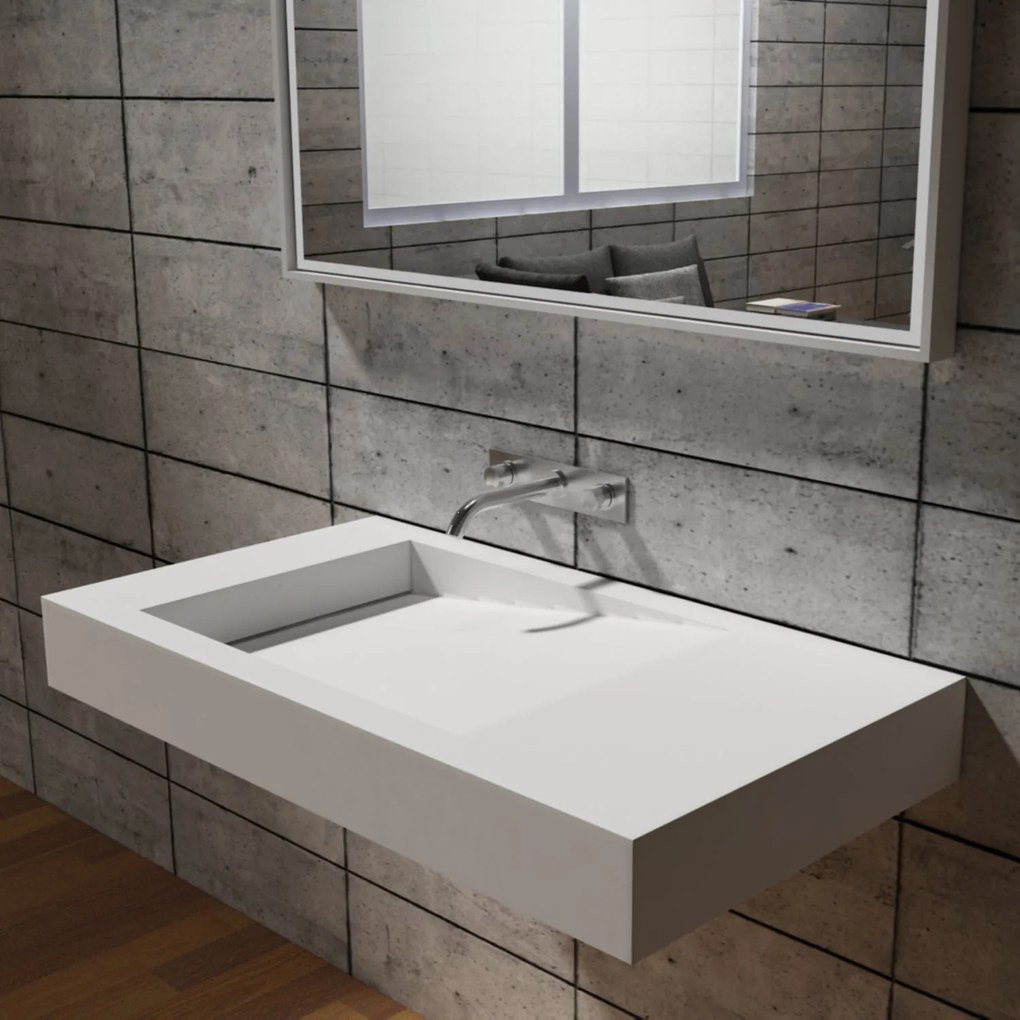 Umywalka ścienna PB2155 z odlewu mineralnegoBiały mat - z kanałem odpływowym - 100 x 50 x 12 cm