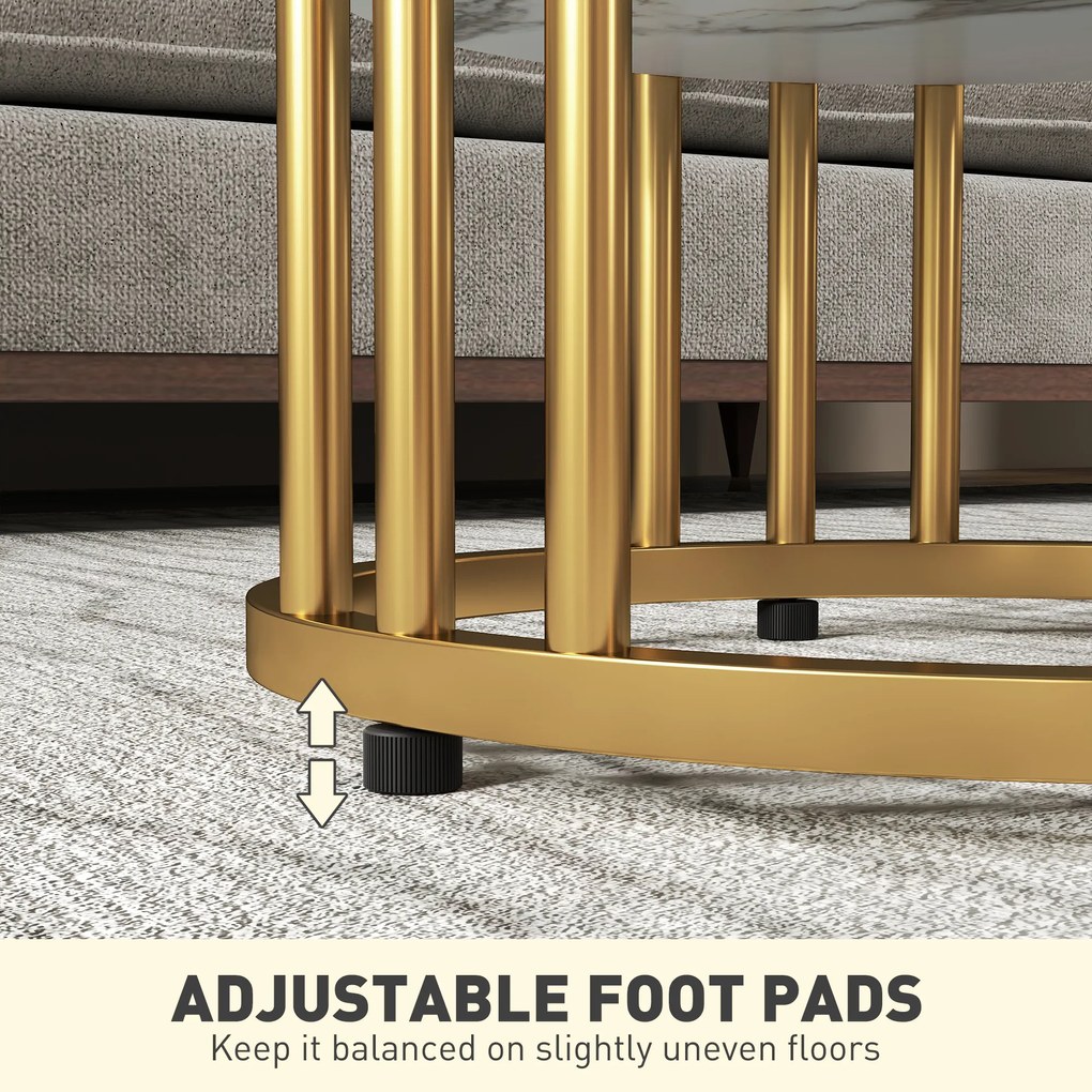 HOMCOM Zestaw 2 okrągłych stolików pomocniczych w marmurowym wyglądzie z otwartą półką i metalową ramą