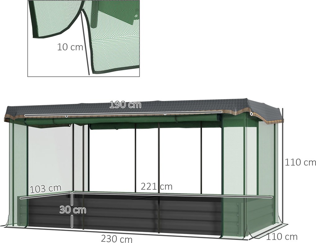 Outsunny Wysokie Łóżko Ogrodowe ze Stali 230x110x110cm z Siatką Ochronną Ciemnoszary | Aosom PL