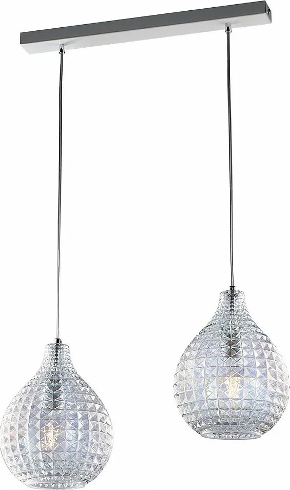 Szyna Diamante Track z białego żelaza i chromowanej ramy, regulowane kable, przezroczyste klosze z dmuchanego szkła z efektem kryształu, 2 światła
