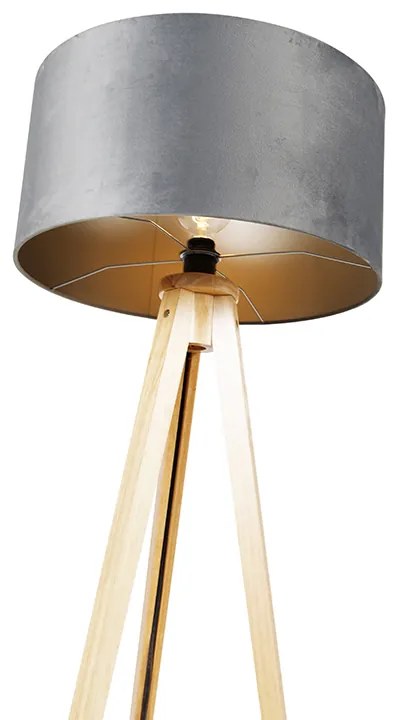 Lampa podłogowa drewniana z szarym abażurem z tkaniny 50 cm - Tripod Classic Nowoczesny Oswietlenie wewnetrzne
