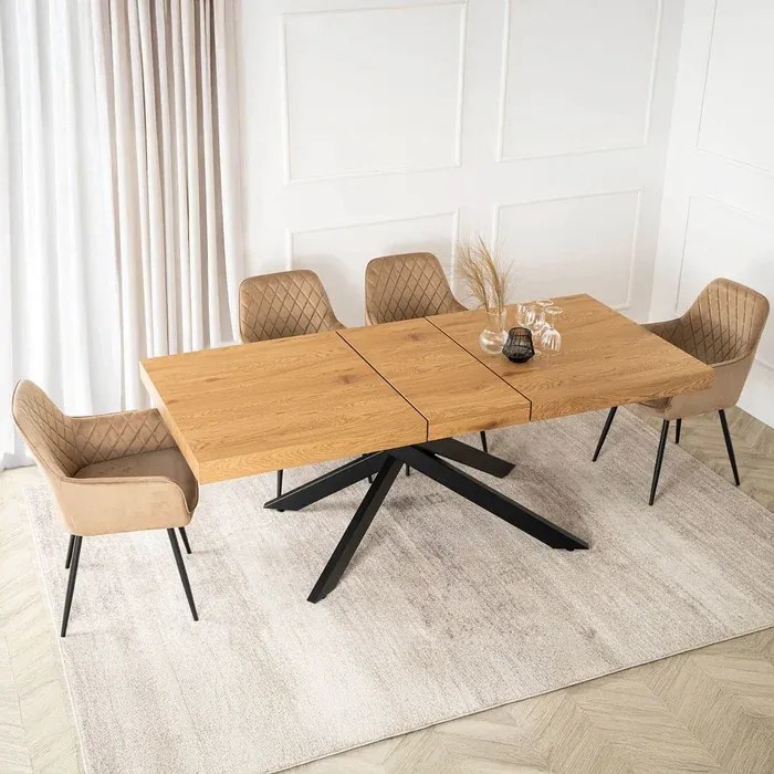 Zestaw Stół Prostokątny Rozkładany HAMPTON 160-240 cm Dąb/Czarny i 4 Krzesła Tapicerowane BRESSO Beżowe