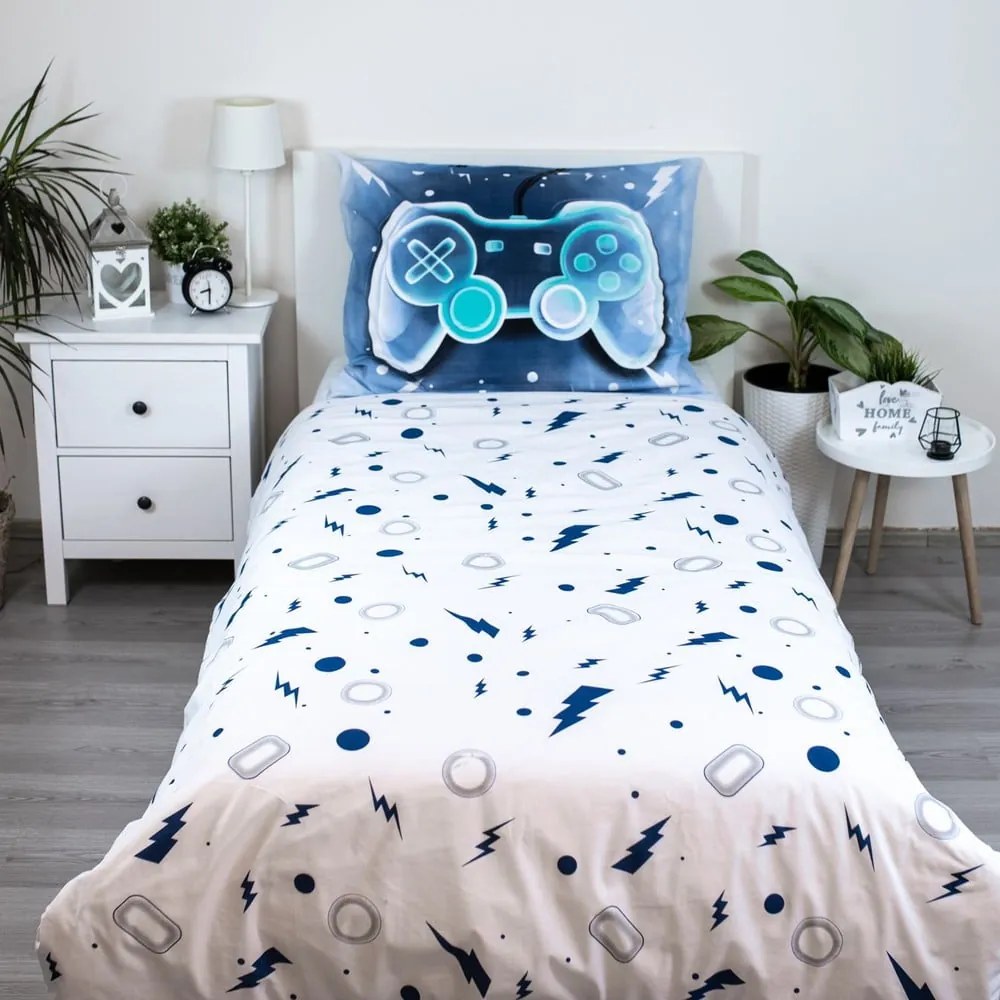 Biało-niebieska bawełniana pościel dziecięca jednoosobowa 140x200 cm Game over – Jerry Fabrics