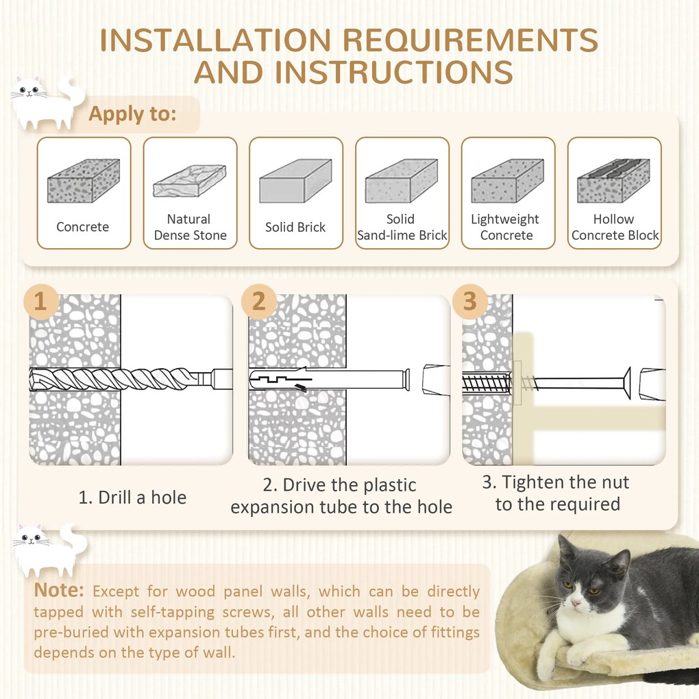 PawHut Drabinka dla kota Montowany na ścianie Odporna na zużycie powierzchnia sizalowa Stabilne wsparcie Beżowy | Aosom PL