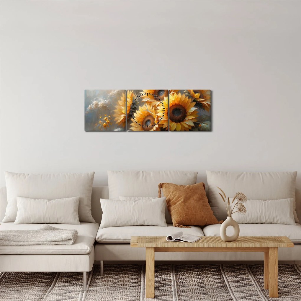 Obraz - Malowanie słoneczników (z zegarem) (90x30 cm)