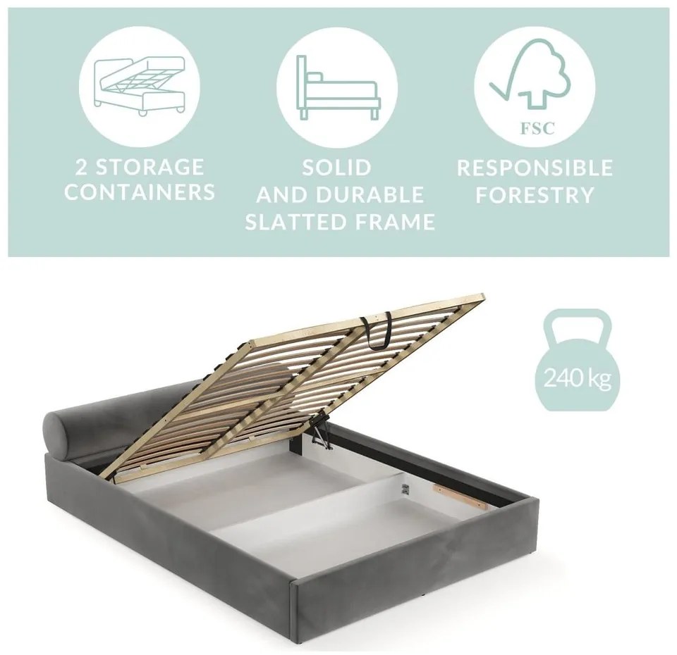 Ciemnoszare tapicerowane łóżko dwuosobowe ze schowkiem i stelażem 200x200 cm Solvo – Maison de Rêve