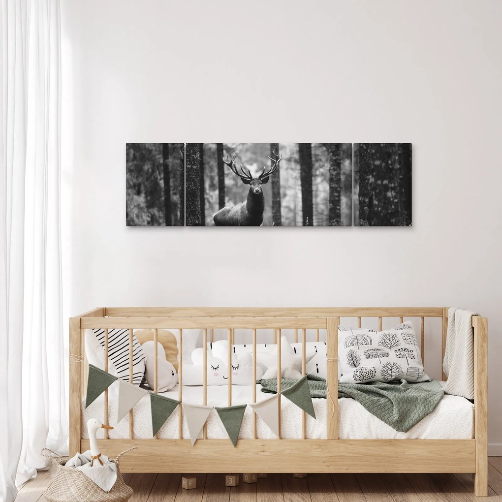 Obraz - Jeleń w lesie 2, czarno - biały (170x50 cm)