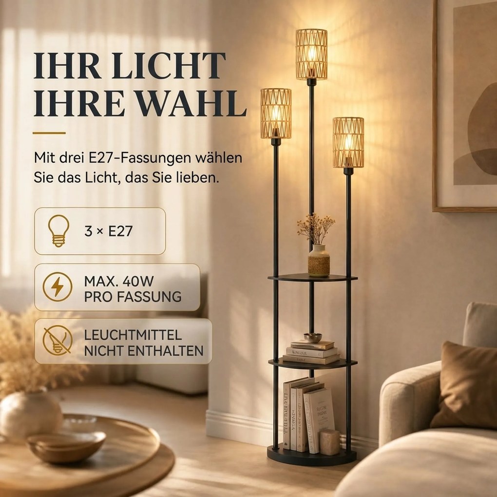 HOMCOM Lampa stojąca Boho 3-płomienna, 3 półki, klosz z papierowego sznura, czarna | Aosom PL