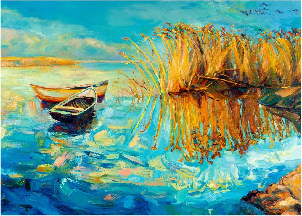 Obraz - Jezioro z łodziami (70x50 cm)
