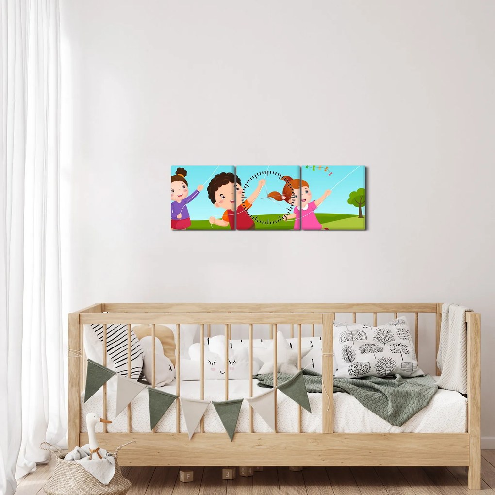 Obraz - Dzieci latają latawcem (z zegarem) (90x30 cm)