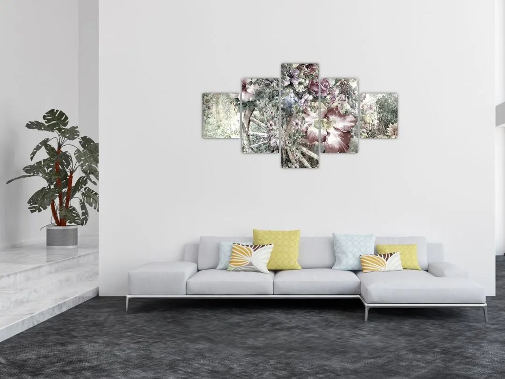 Obraz kwiatów na drewnianym kole (125x70 cm)