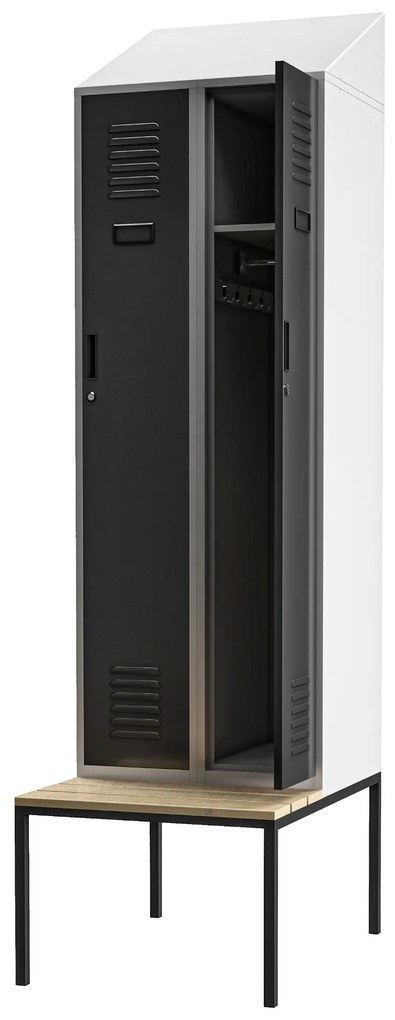 Szafka ubraniowa z ławką i daszkiem KACPER II PRO, 600 x 2295 x 850 mm, szaro-antracytowa