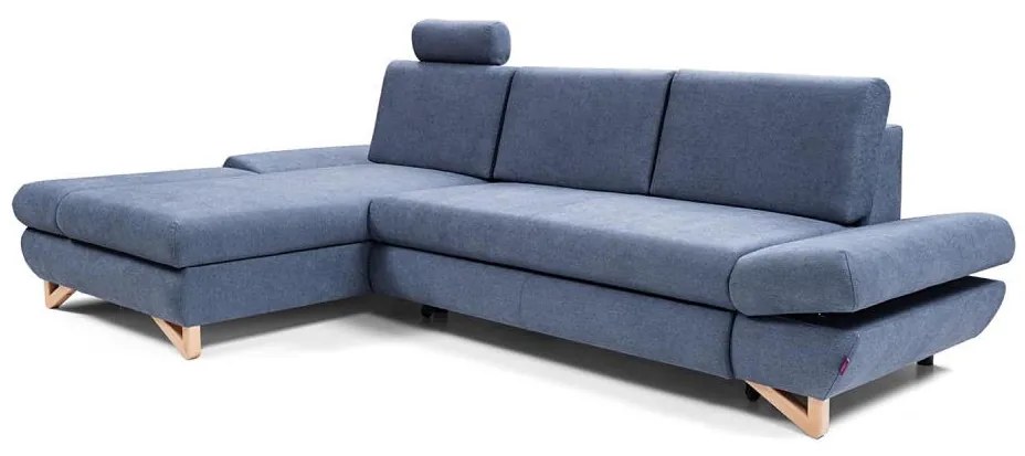 Rozkładana narożna sofa tapicerowana z pojemnikiem na pościel, układ L AVESTA lewa, niebieska