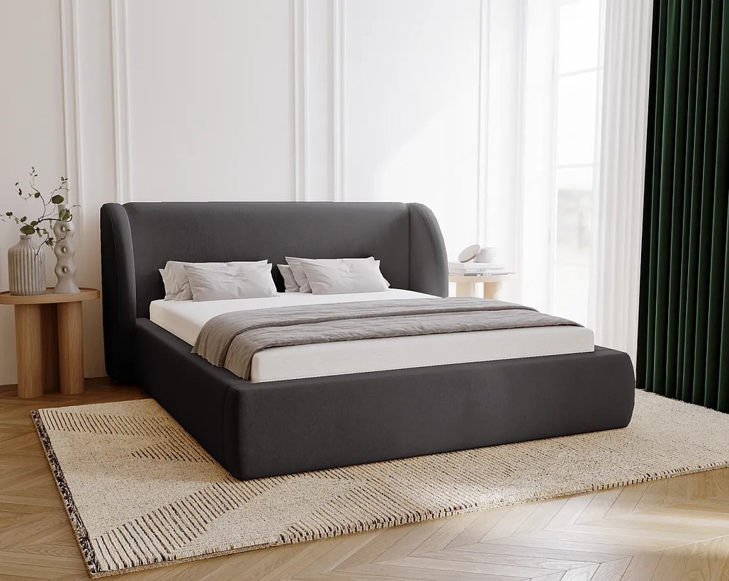 Emporius Barcelona łóżko z zaokrąglonym zagłówkiem - łóżko tapicerowane 160x200, pojemnik i stelaż - nowoczesny styl, tkanina aksamitna, czarny (Komodo 23)
