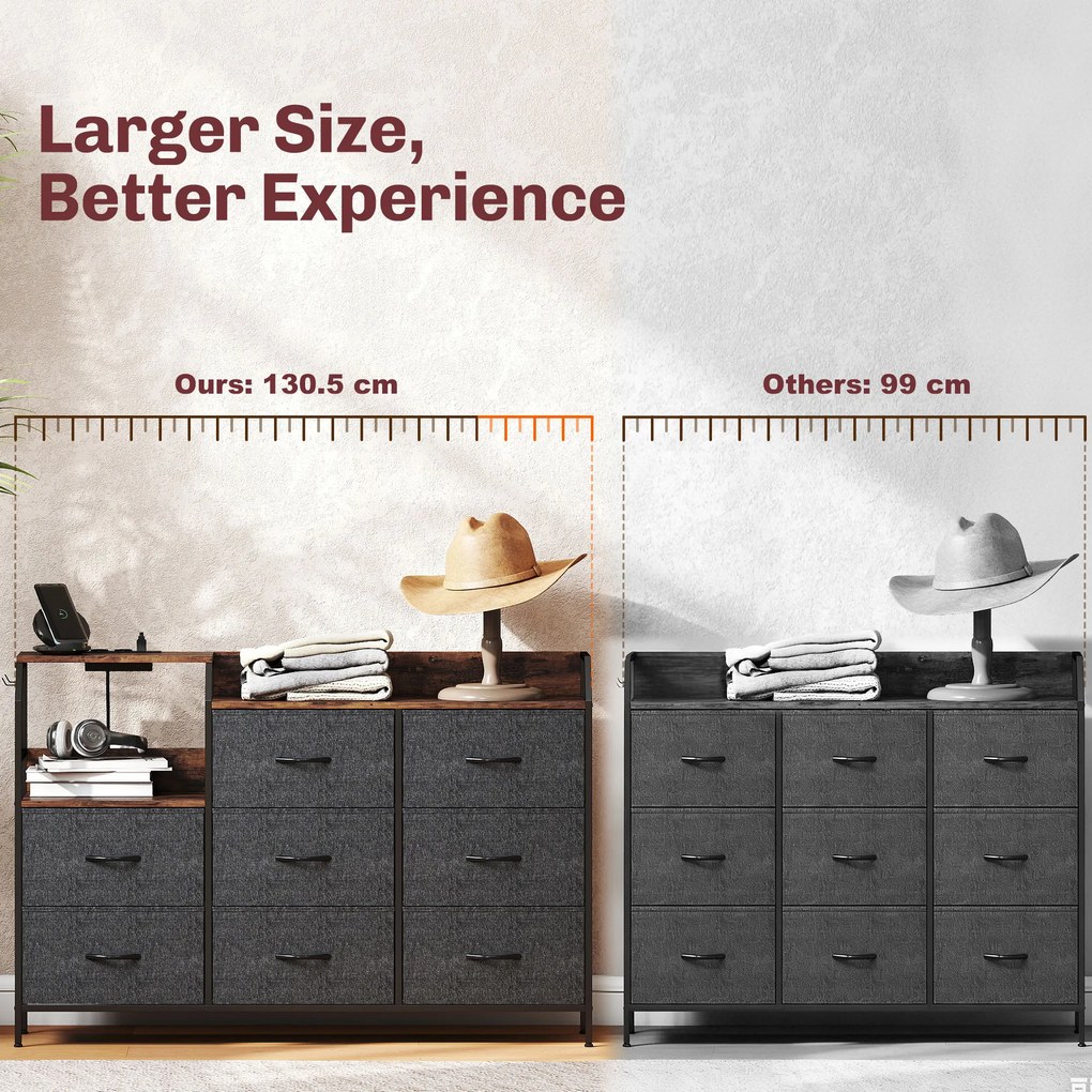 HOMCOM Komoda z 8 materiałowymi szufladami, stalowy stelaż, stacja ładowania, Rustykalny-Brąz+Czarny | Aosom PL