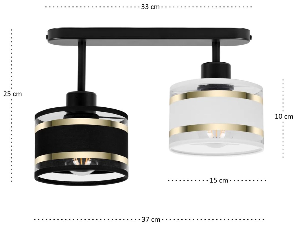 Lampa sufitowa czarna dwupunktowy spot z czarno-białymi abażurami T-33