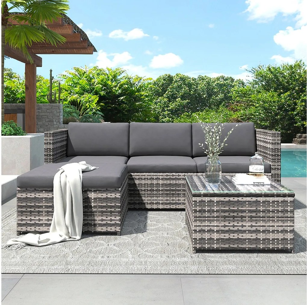 Zestaw mebli ogrodowych narożnych z wikliny żywicy 4-osobowy ze stolikiem kawowym - szklany blat - szary