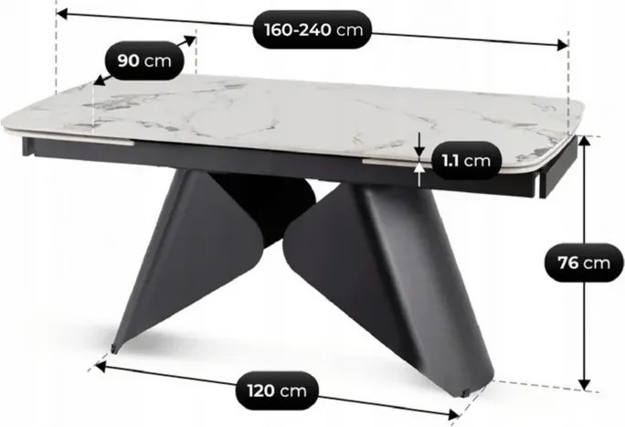 Stół Rozkładany Prostokątny VERONA 160-240 cm Ceramiczny Biały Marmur/Czarny Nowoczesny