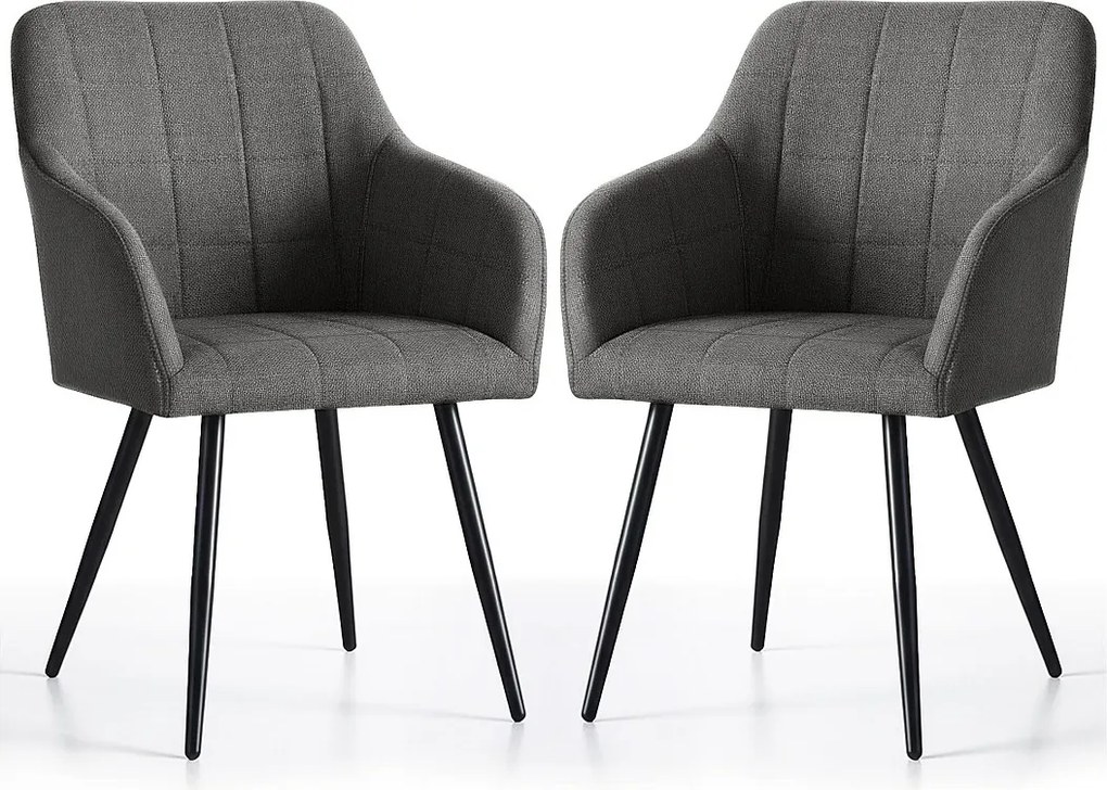 2x Krzesło tapicerowane z przeszyciami kwadratowymi Ciemny Grafit LUXANO Czarne nogi tkanina Lumos