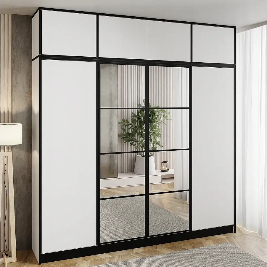 Szafa czterodrzwiowa z lustrem WZÓR 1 COSTA 4D BIAŁA z nadstawką