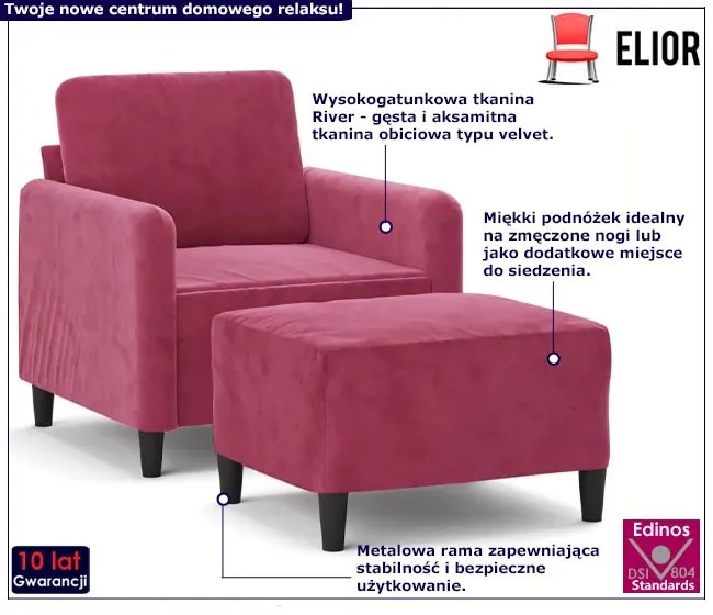 Czerwony tapicerowany wypoczynkowy fotel z podnóżkiem M3-N47