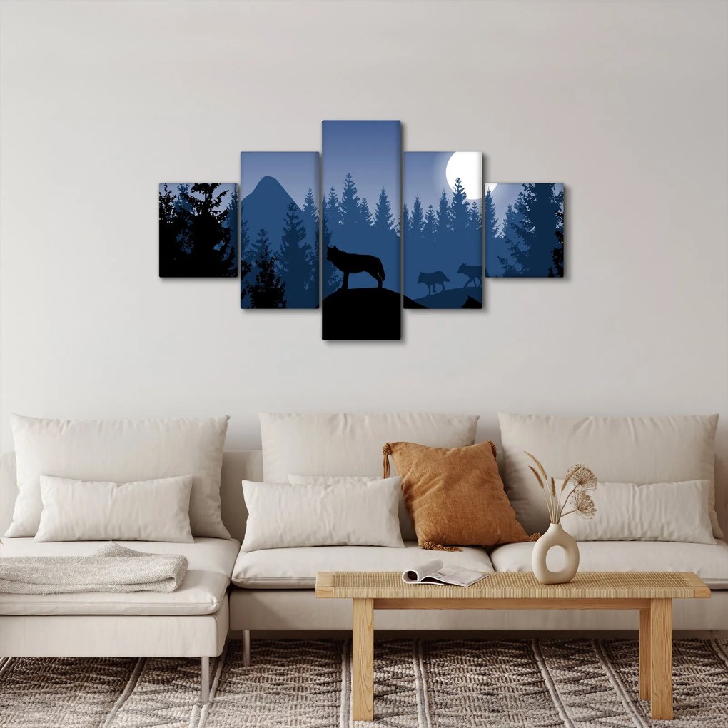 Obraz - Wataha wilków pod księżycem w pełni (125x70 cm)