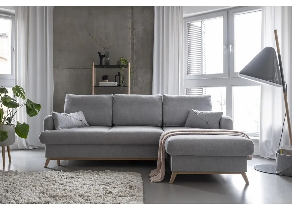 Jasnoszary rozkładany/ze schowkiem narożnik (prawostronny/z szezlongiem) Scandic Lagom – Miuform