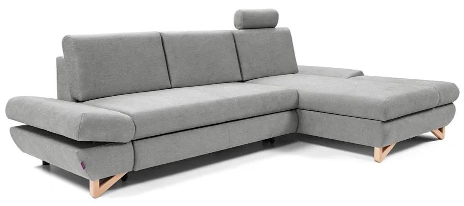 Rozkładana narożna sofa tapicerowana AVESTA z pojemnikiem na pościel, w układzie L, prawa — szara