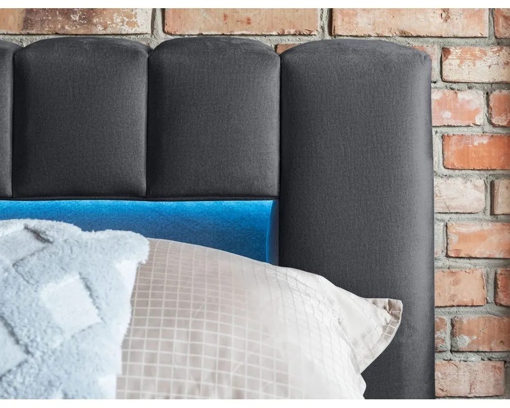 Szare tapicerowane łóżko dwuosobowe ze schowkiem ze stelażem 160x200 cm Lamica – ELTAP