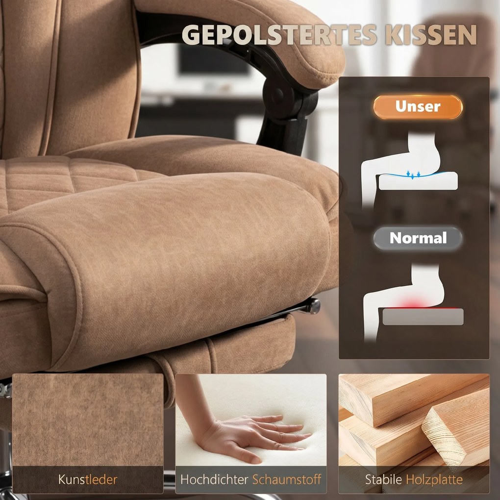 Vinsetto Ergonomiczny fotel biurowy z funkcją masażu, podnóżek, obrotowy, na kółkach, Brązowy | Aosom PL