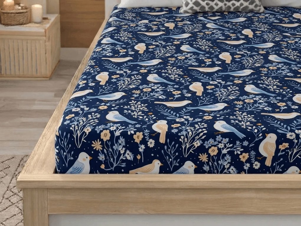 PrzytulneMieszkanie.pl Prześcieradło z mikrofibry DENIM BIRDS niebieskie 90x200 cm