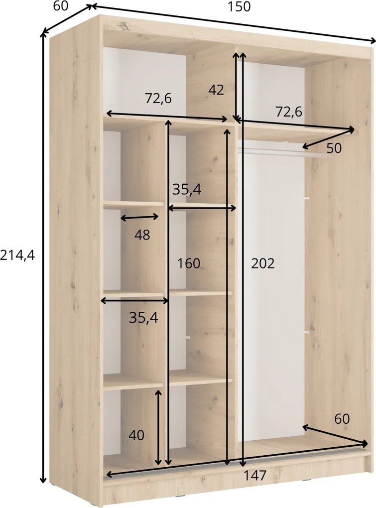 Szafa Przesuwna VEYDAR 155 cm z Lustrem Szafa Dwudrzwiowa, Biały