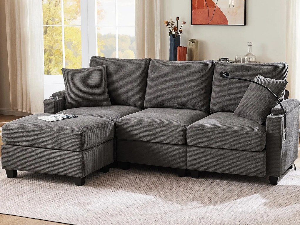 Narożnik w kształcie L - 3-osobowy - z podnóżkiem + uchwytem na kubki - ładowarka USB - 2 poduszki - Ciemnoszary