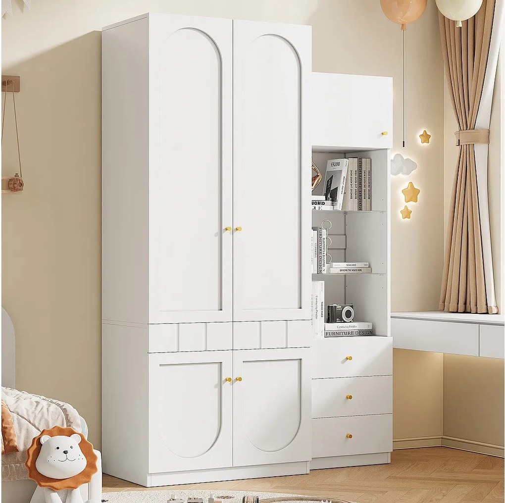 Zestaw szaf do sypialni - jednostka łączona składająca się z 1 szafy + regału - z drzwiami + szufladami - płyta MDF - biały