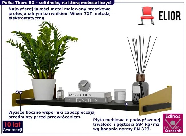 Nowoczesna wisząca półka z metalowym stelażem złoty + czarny Ringe 2X