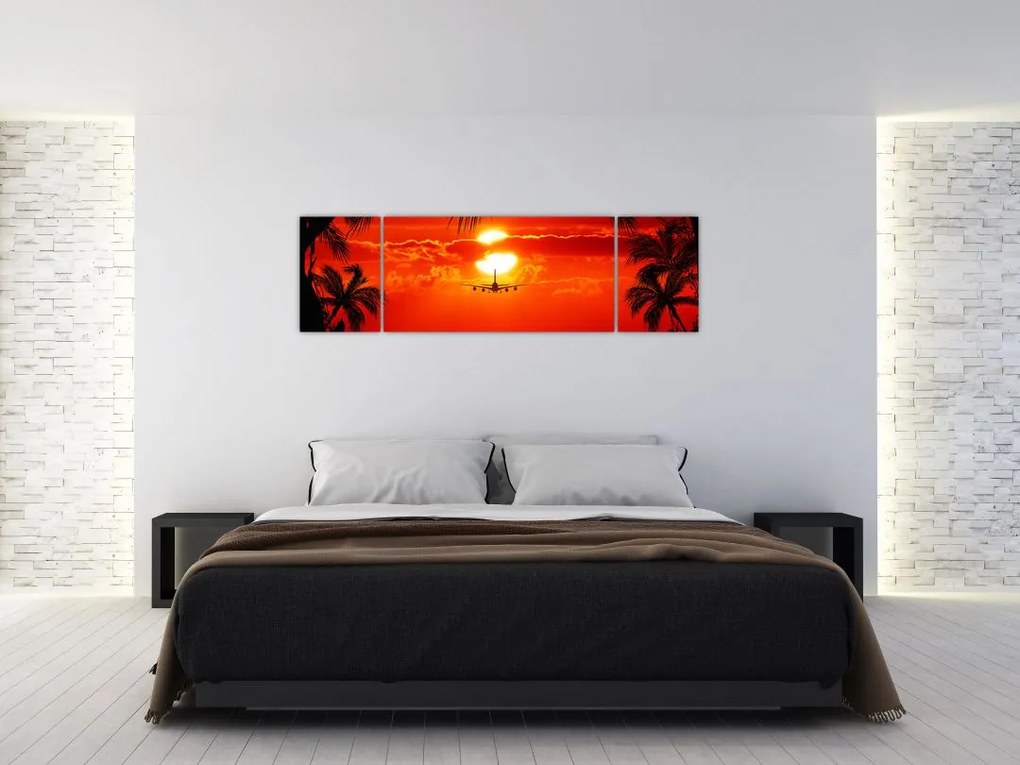 Obraz - zachód słońca z samolotem (170x50 cm)