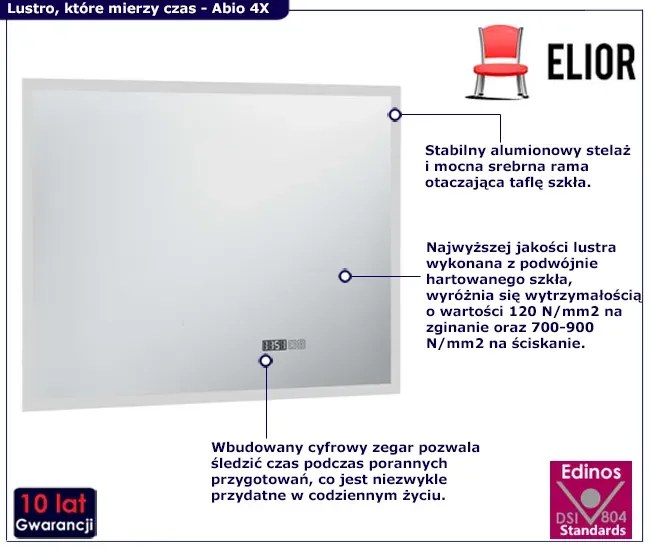 Nowoczesne srebrne lustro z zegarem LED 100x60 cm Gigi 4X