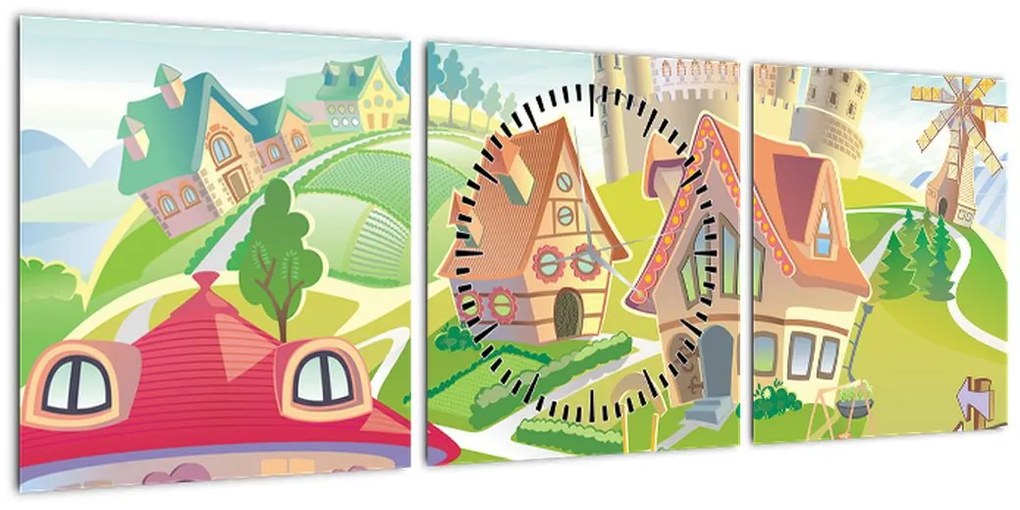 Obraz - Kolorowe miasteczko (z zegarem) (90x30 cm)