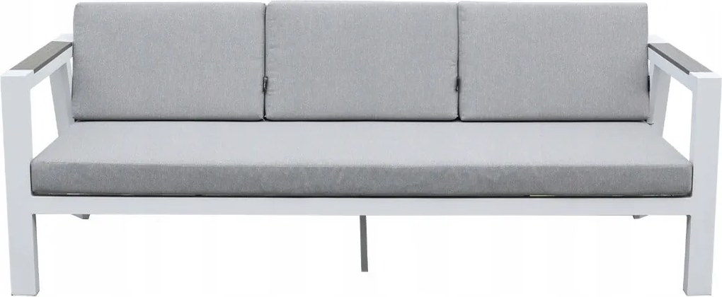 Zestaw mebli ogrodowych biały aluminium sofa fotele stolik drewniane detale