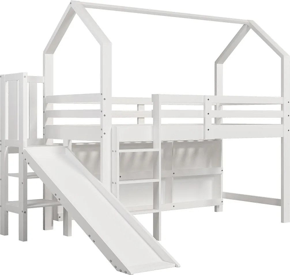 Łóżko piętrowe dla dzieci - 90 x 200 cm - ze zjeżdżalnią + schodki + półka do przechowywania - lite drewno + płyta MDF - białe