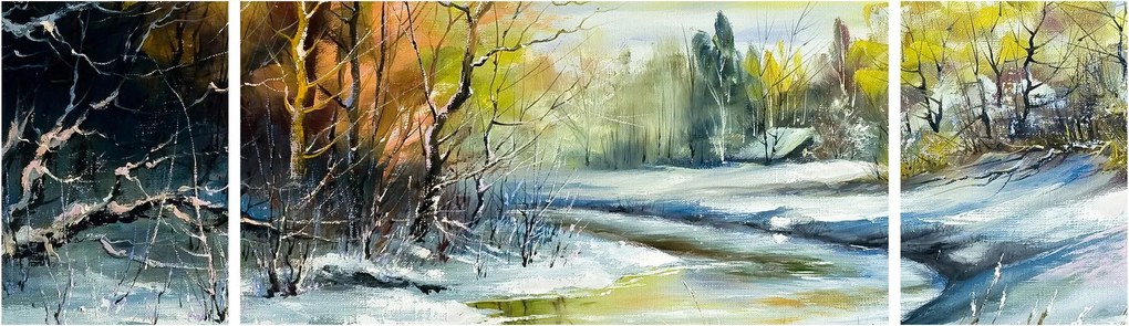 Obraz zimowej rzeki, obraz olejny (170x50 cm)
