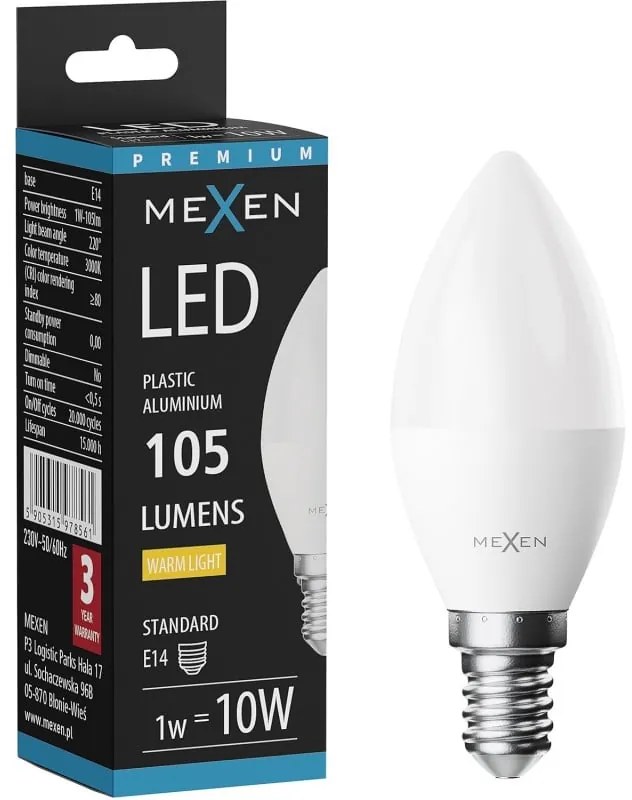 Mexen Nova żarówka LED E14, C37, 1W, Ciepła - 3000K, 105 lm - L102-E14-0130-01
