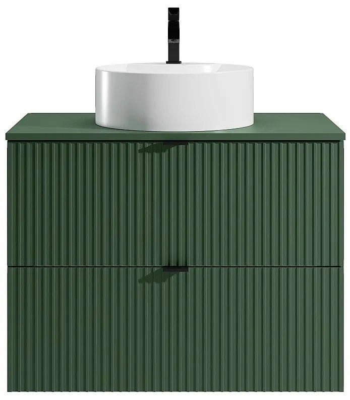Podwieszana szafka łazienkowa prążkowana z okrągłą umywalką nablatową - Matowa zieleń - 80 cm - ZEVINI