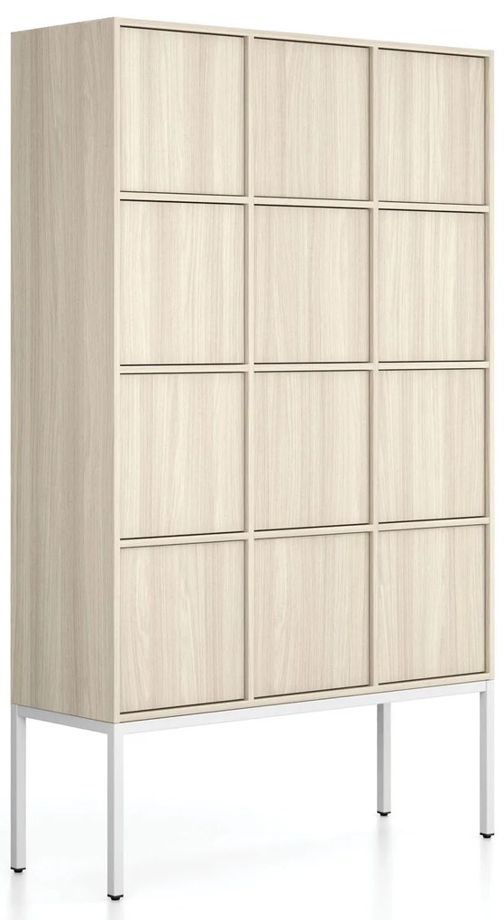 Szafa biurowa FRAME, podstawa biała, 12x drzwi, 1299 x 450 x 2185 mm, PUSH-Lock, dąb naturalny