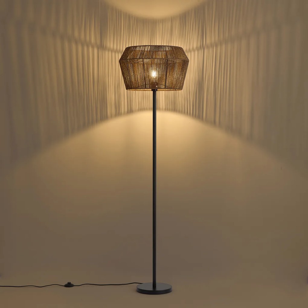 Lampa podłogowa czarna z brązowym abażurem z papierowego sznurka 50/50/30 - Simplo