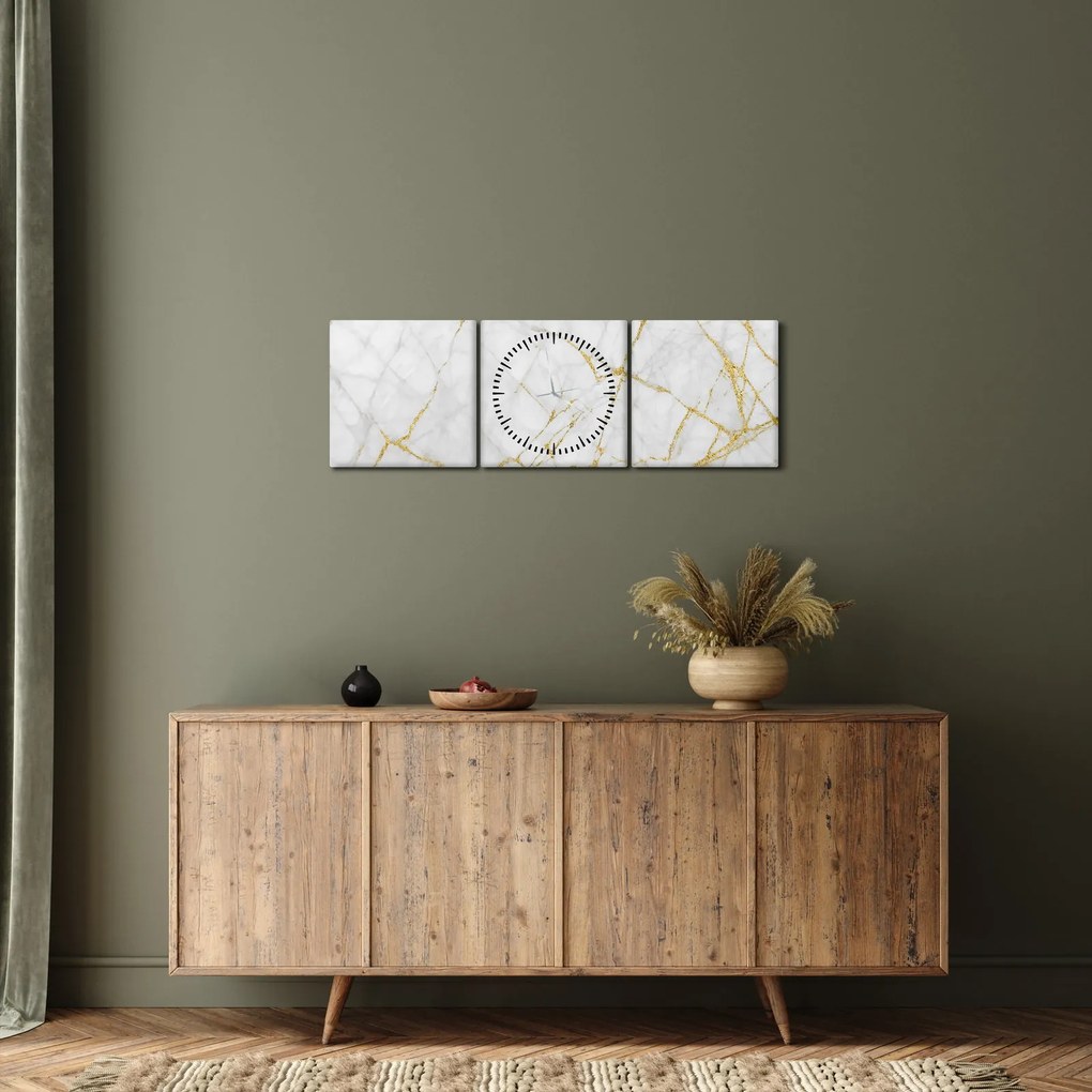 Obraz - Biało - złoty marmur (z zegarem) (90x30 cm)