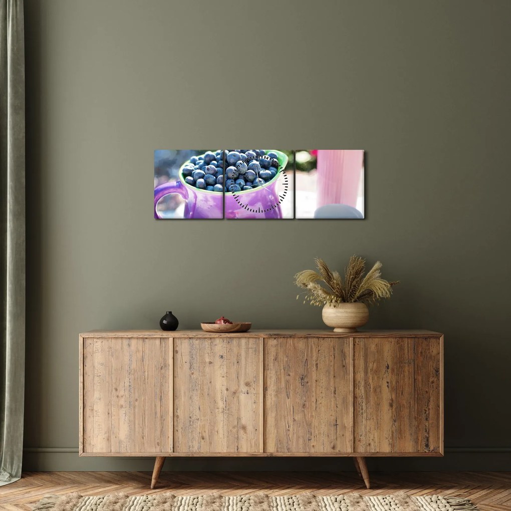 Obraz - jagody w filiżance (z zegarem) (90x30 cm)
