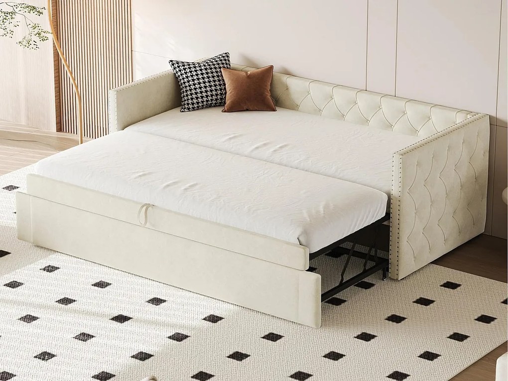 Łóżko z funkcją spania tapicerowane welurem - 90/180x200 cm - z stelażem na listwach - Beżowe